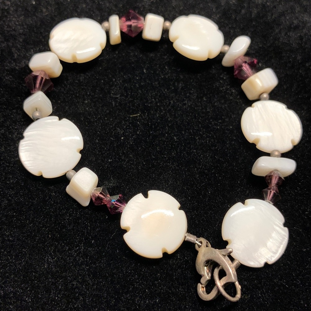 Mother of Pearl Bracelet 925 Sterling Silver Flower Purple Crystal Beaded 6.25"